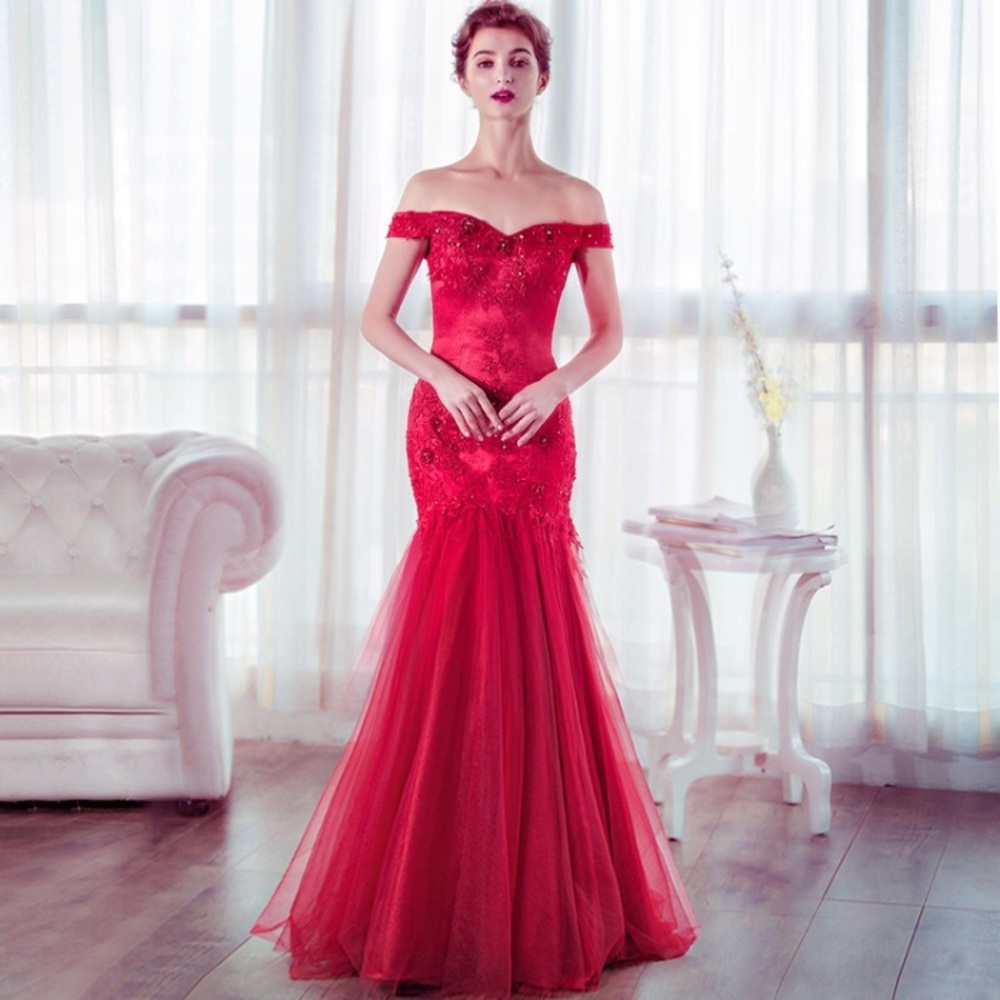 Red Beaded Tulle Mermaid Evening Gown
